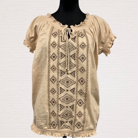 ST JOHN'S BAY Cream w/Brown Tribal Embroidery Boho Top, Cotton, Size Small - Picture 3 of 9